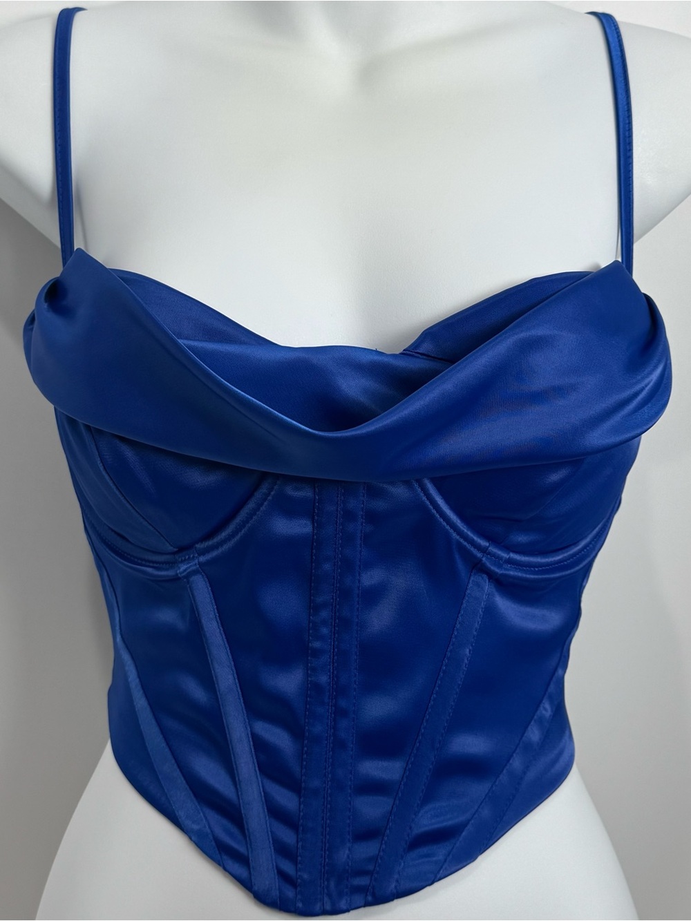 Royal Blue Satin Bustier with Boned Bodice & Cowl Neck - Size Medium